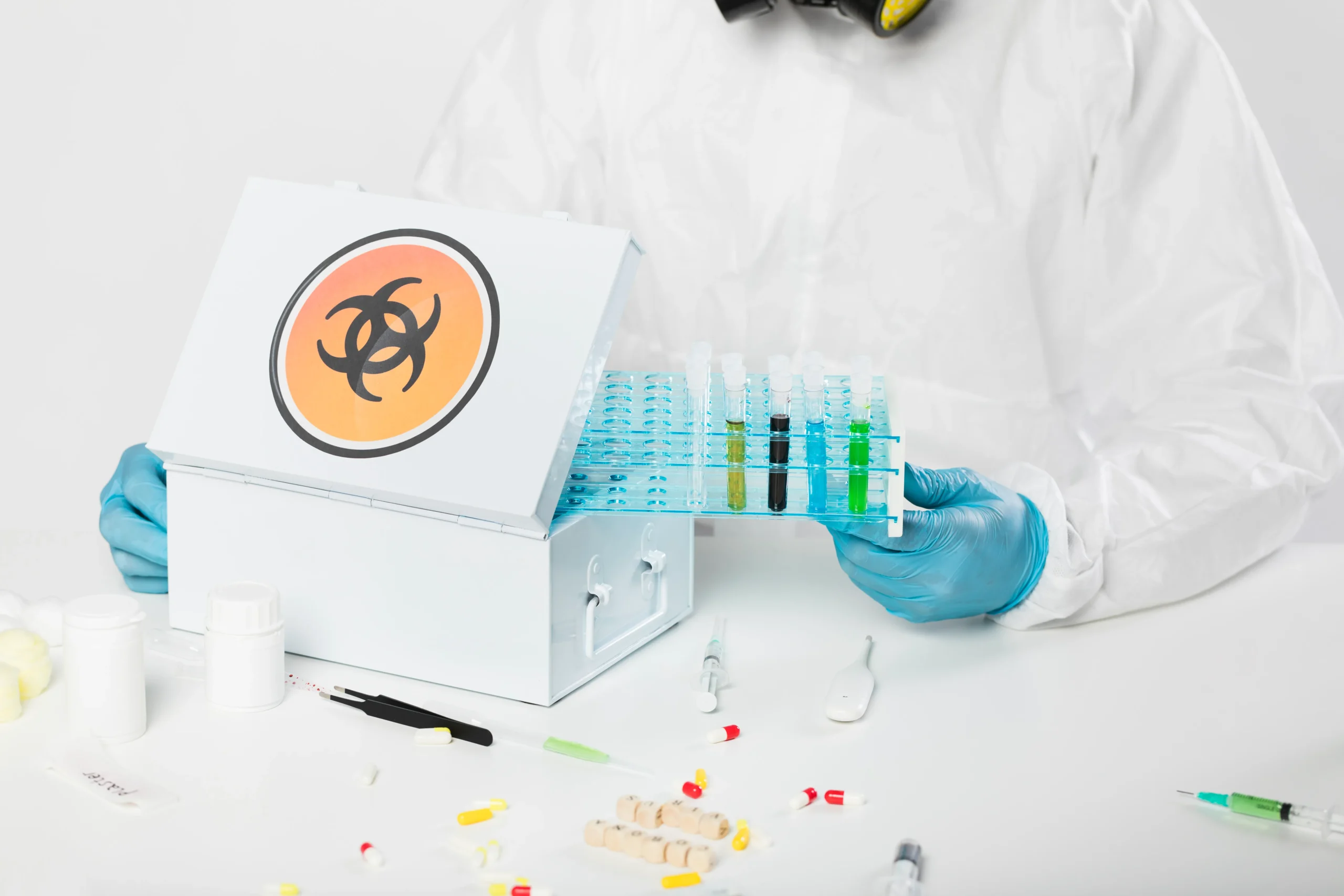 Lab tech handling test tubes, drug data management, medication data systems, AI for medication safety.