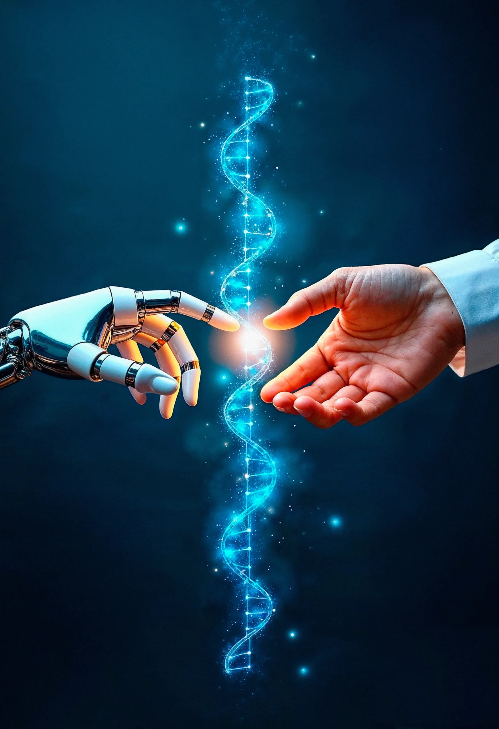 Robot and human hands with DNA, drug database AI, drug data management, medication data systems, AI for medication safety.