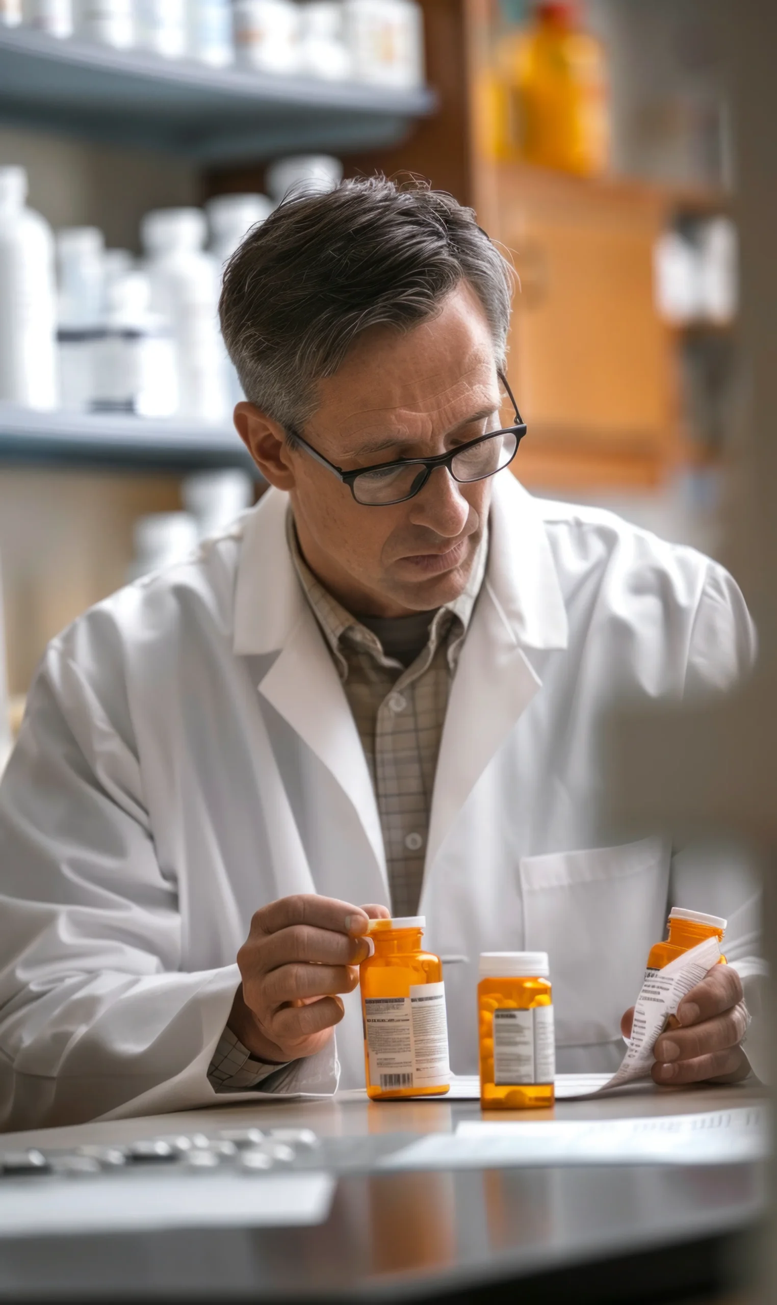 Pharmacist reviewing prescriptions using a drug data platform and prescription drug database for health data integration.