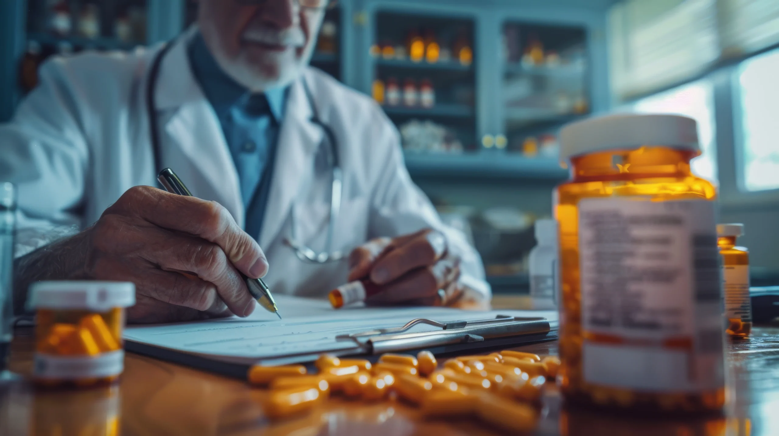 Doctor reviewing prescriptions and medication records using a clinical drug database system for accurate treatment and safe medication management.