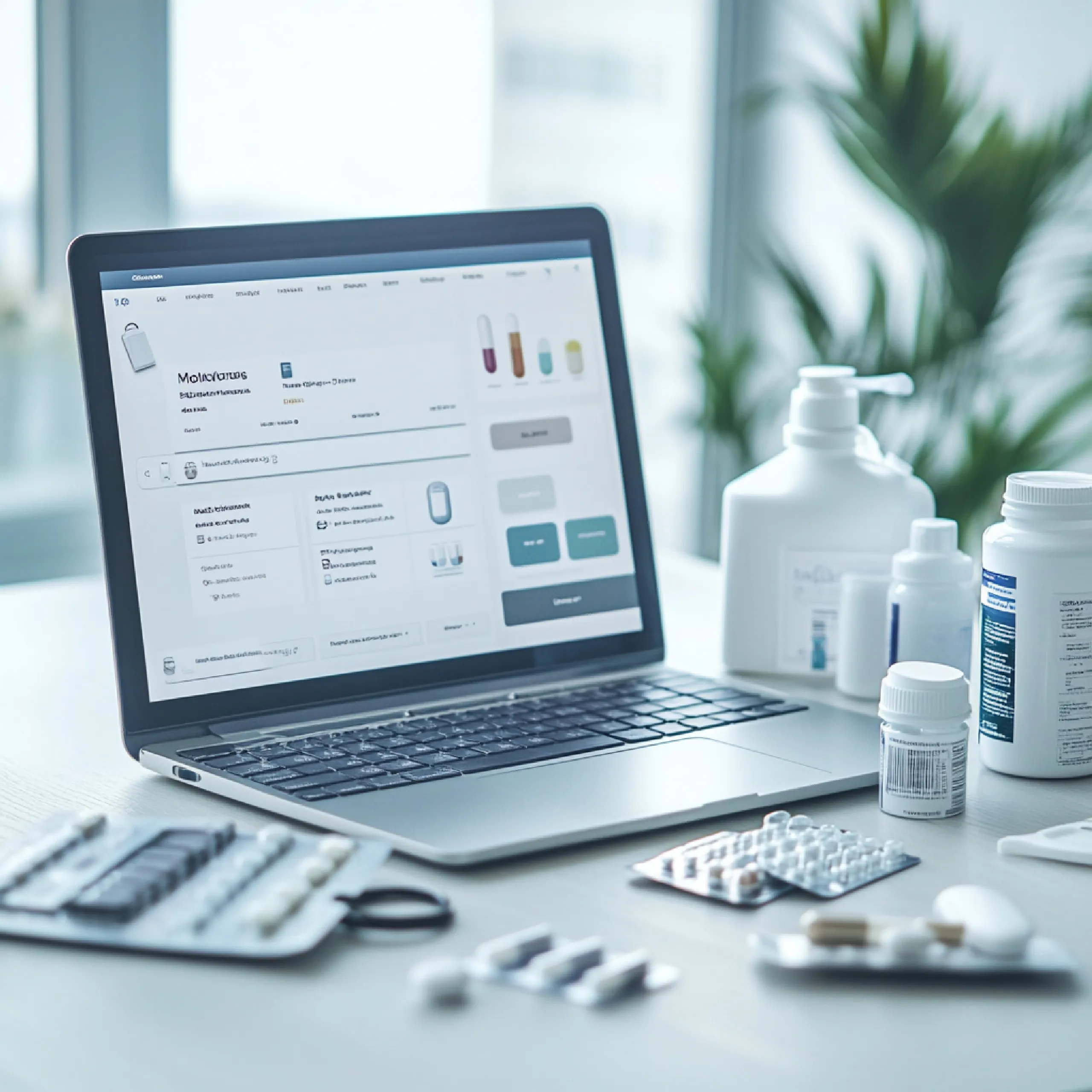 A healthcare app interface open on a laptop surrounded by pills. It highlights a secure drug target database powered by a reliable drug API provider.