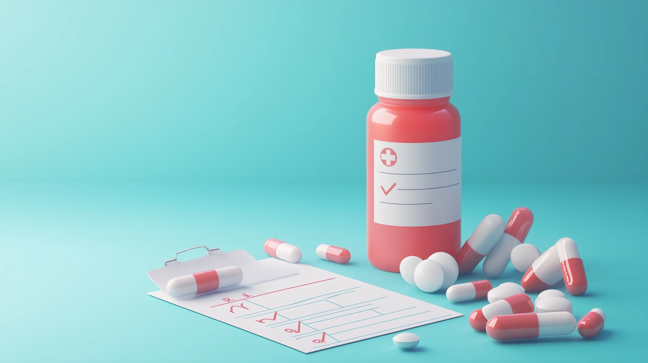 Prescription bottle with capsules and medical checklist representing a healthcare drug database and drug database tools for medication tracking and safety.
