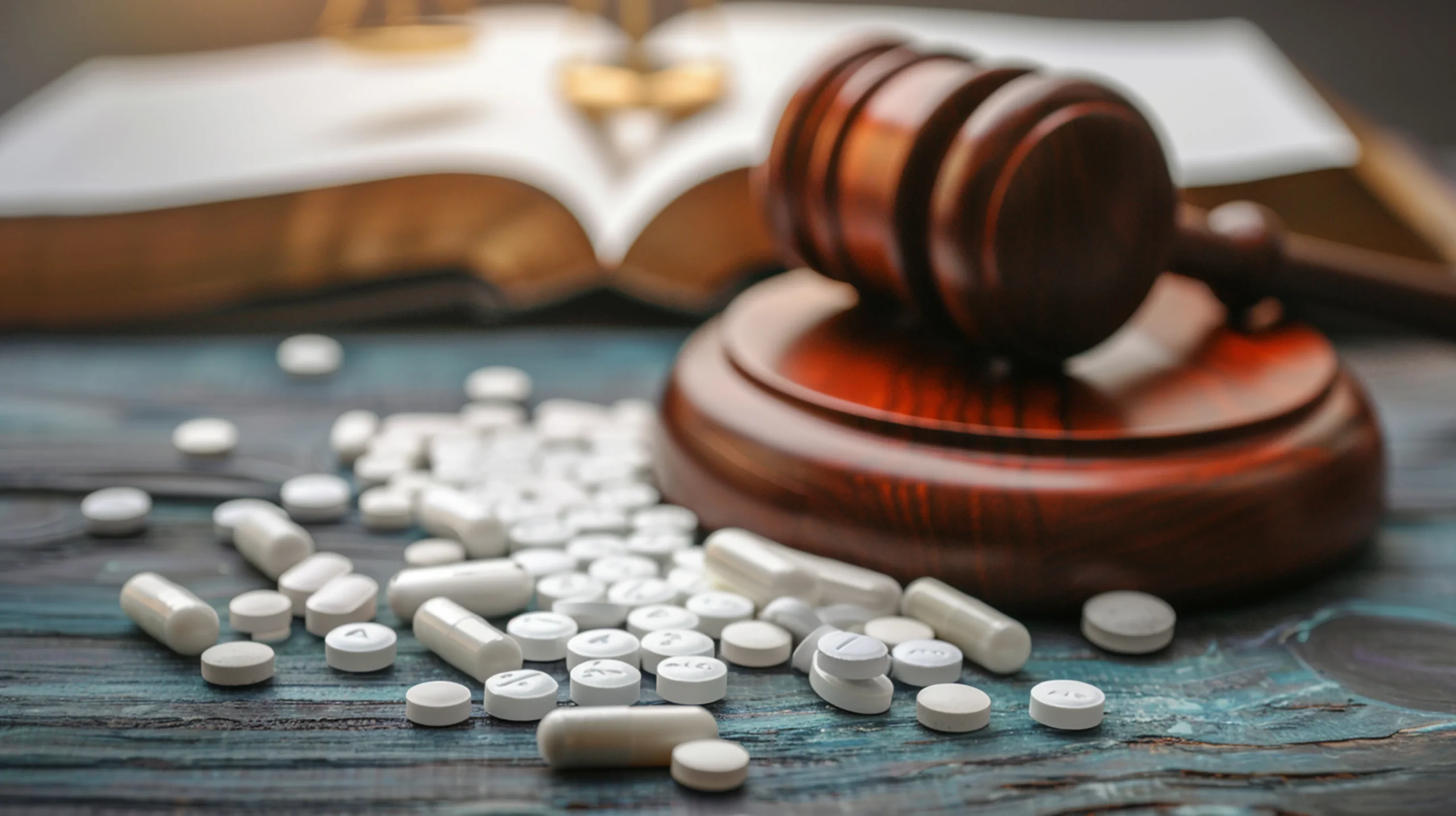 A wooden judge's gavel next to a scattered pile of white pills and capsules with an open law book, representing the legalities of pharmaceutical data licensing.