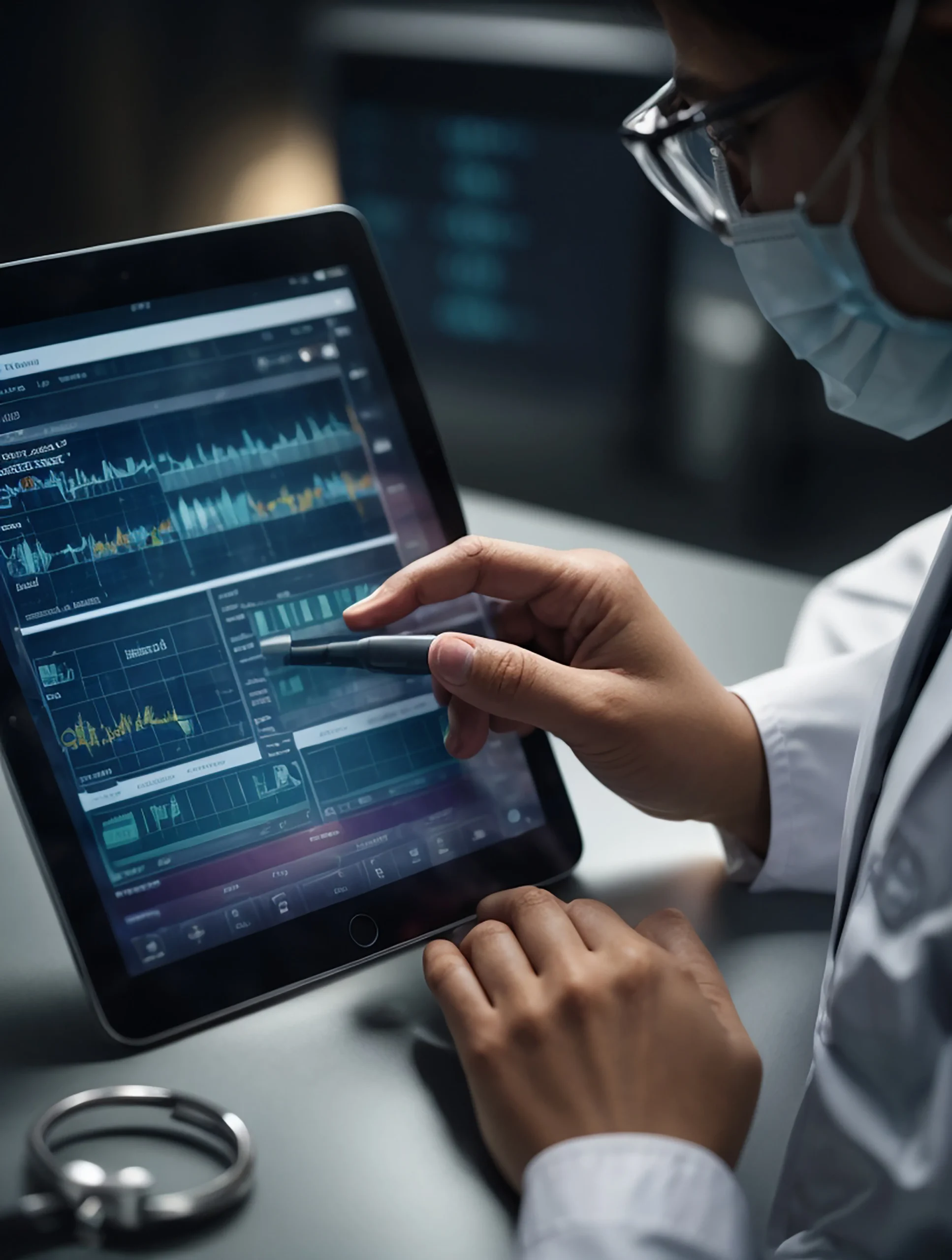 A close-up of a doctor typing clinical data on a laptop, showcasing real-time medication database integration and clinical decision support data.