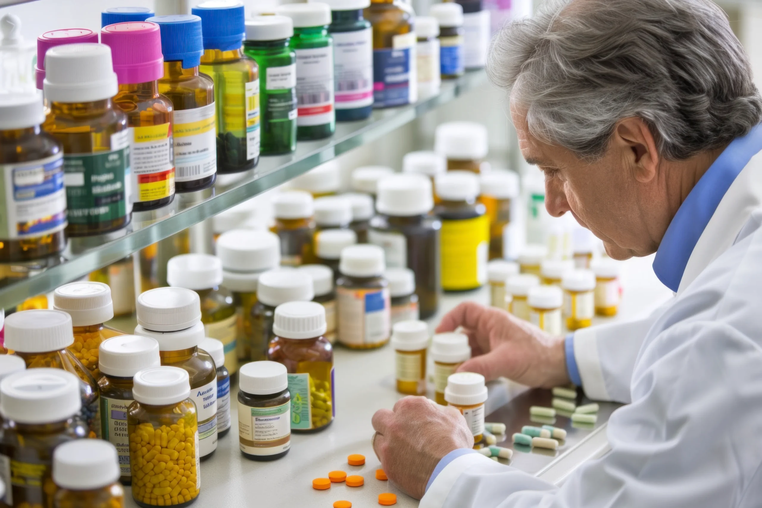 A pharmacist organizing medication bottles, showing the need for a pharmaceutical database provider to manage healthcare drug data.