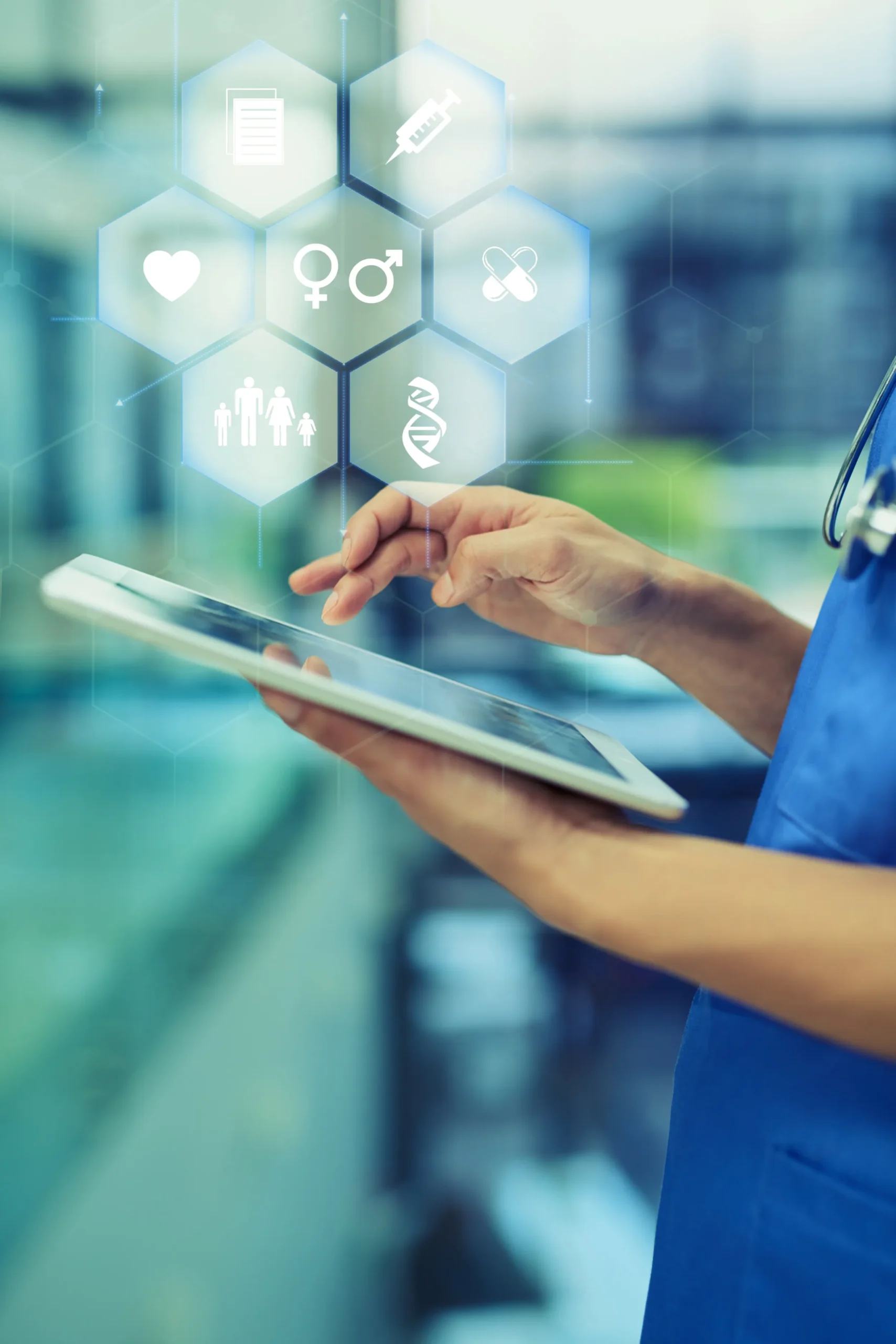 Medical worker using a tablet with glowing healthcare icons from a medication safety platform.