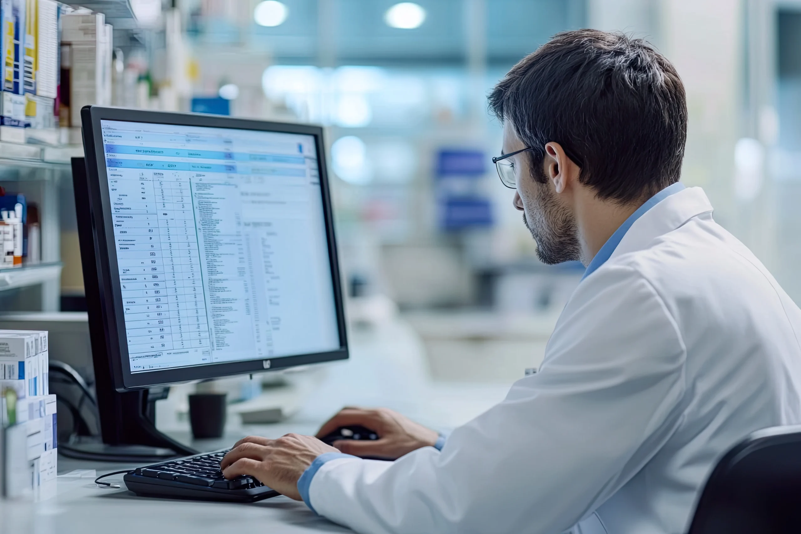 Doctor analyzing patient records on a monitor integrated with an EHR drug data API.