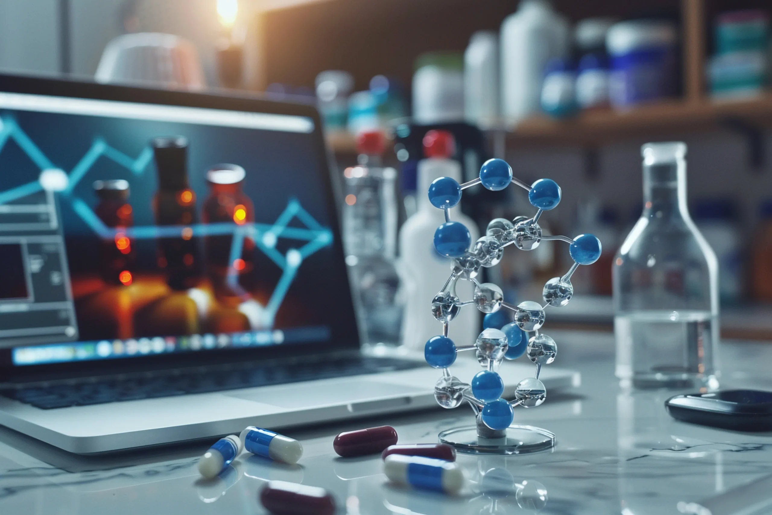 A 3D molecular structure model resting on a laboratory table next to capsule pills and a laptop displaying drug formulation graphs and pharmaceutical research data.