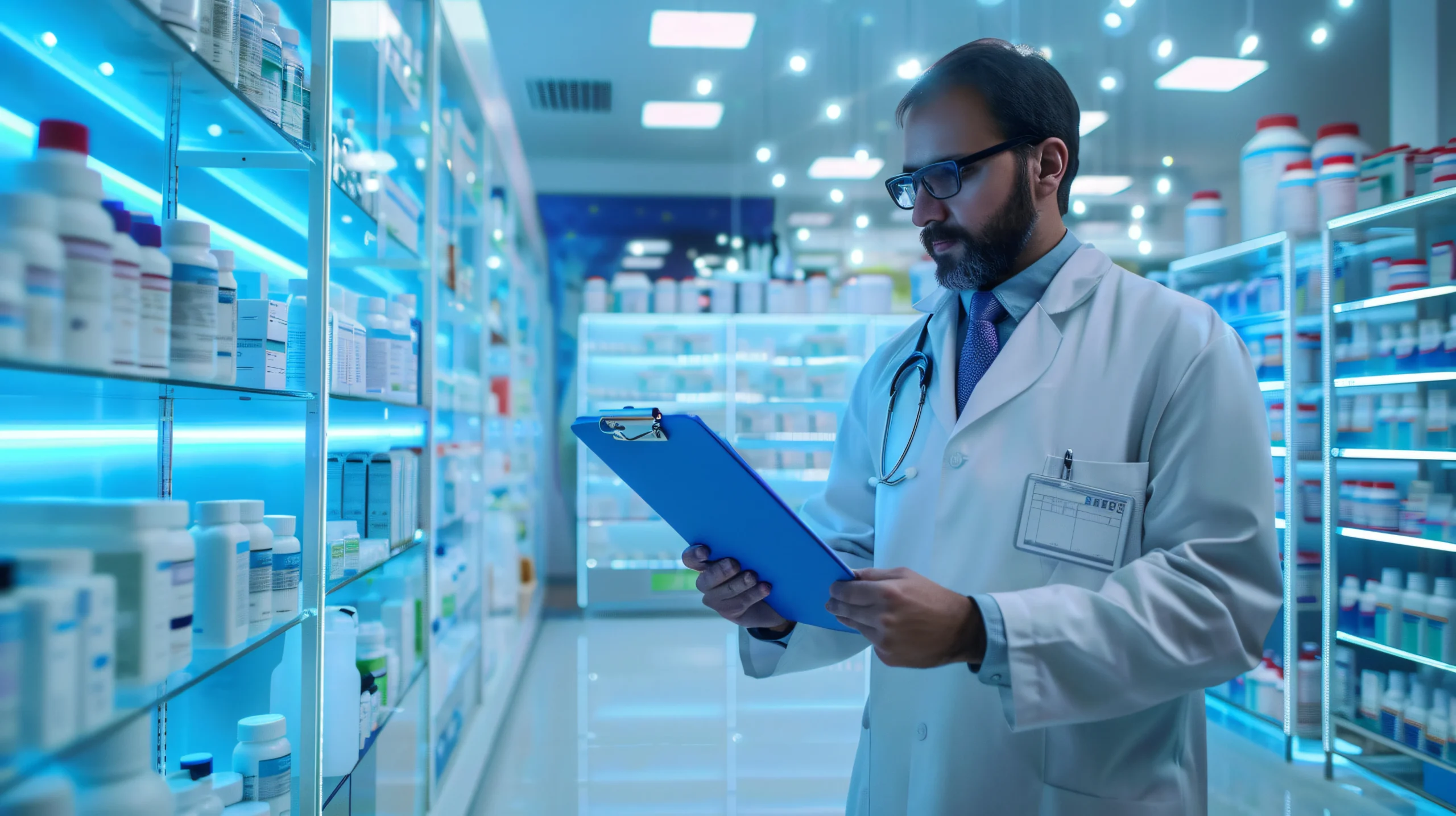 A pharmacist holding a clipboard while reviewing medical stock on neon-lit pharmacy shelves, ensuring accurate inventory mapping via a robust Medication Data API.