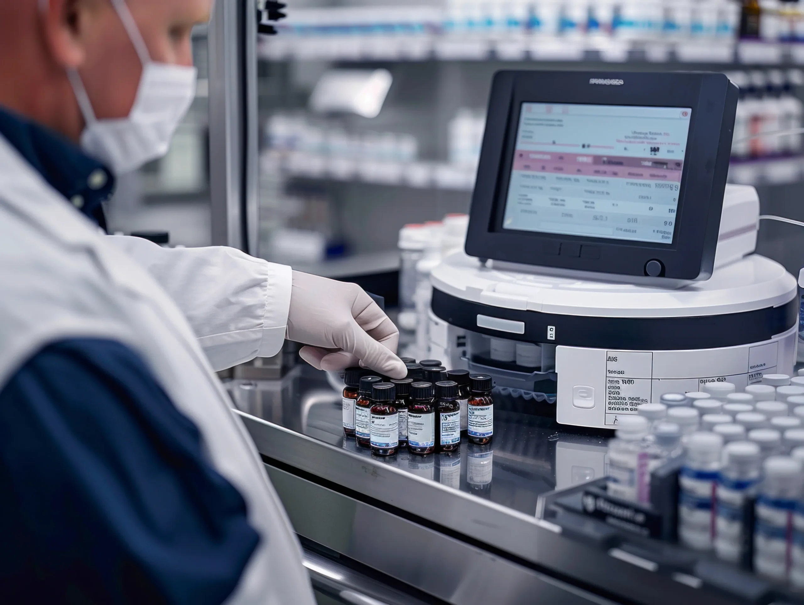 A technician managing medication tracking on a computerized system linked to a Drug Data API.