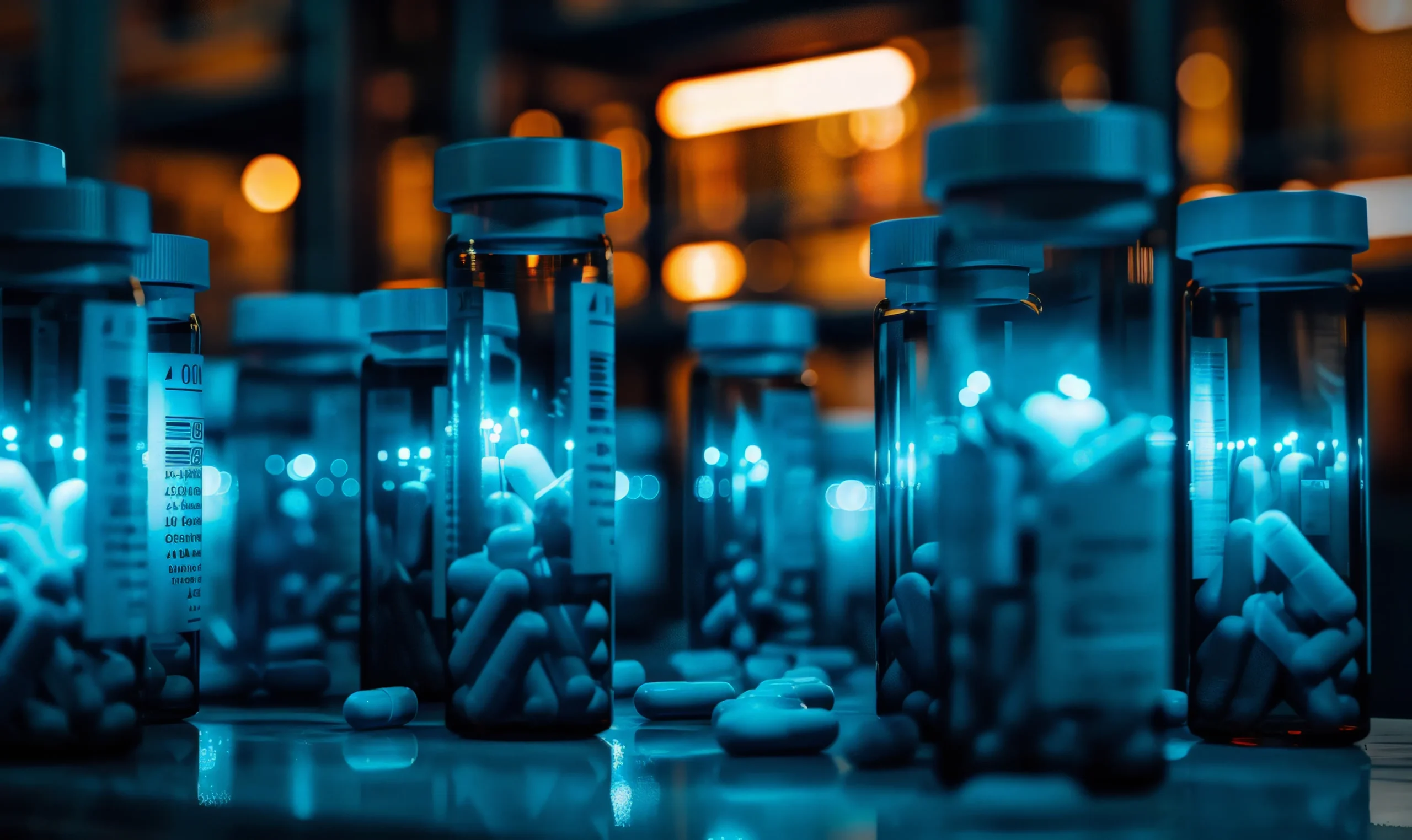 A close-up view of multiple prescription medicine bottles filled with pills lit under a futuristic blue glow, representing standardizing pharmacy records with platforms like RxNorm vs DrugBank.