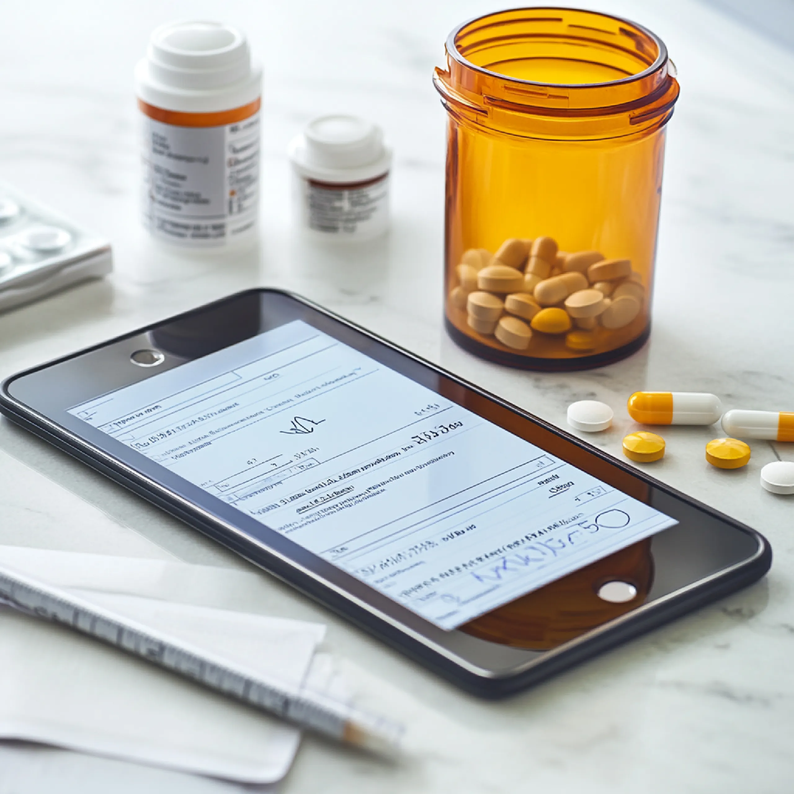 A tablet displaying a digital medical prescription surrounded by medication bottles, representing the OpenFDA Drug API.
