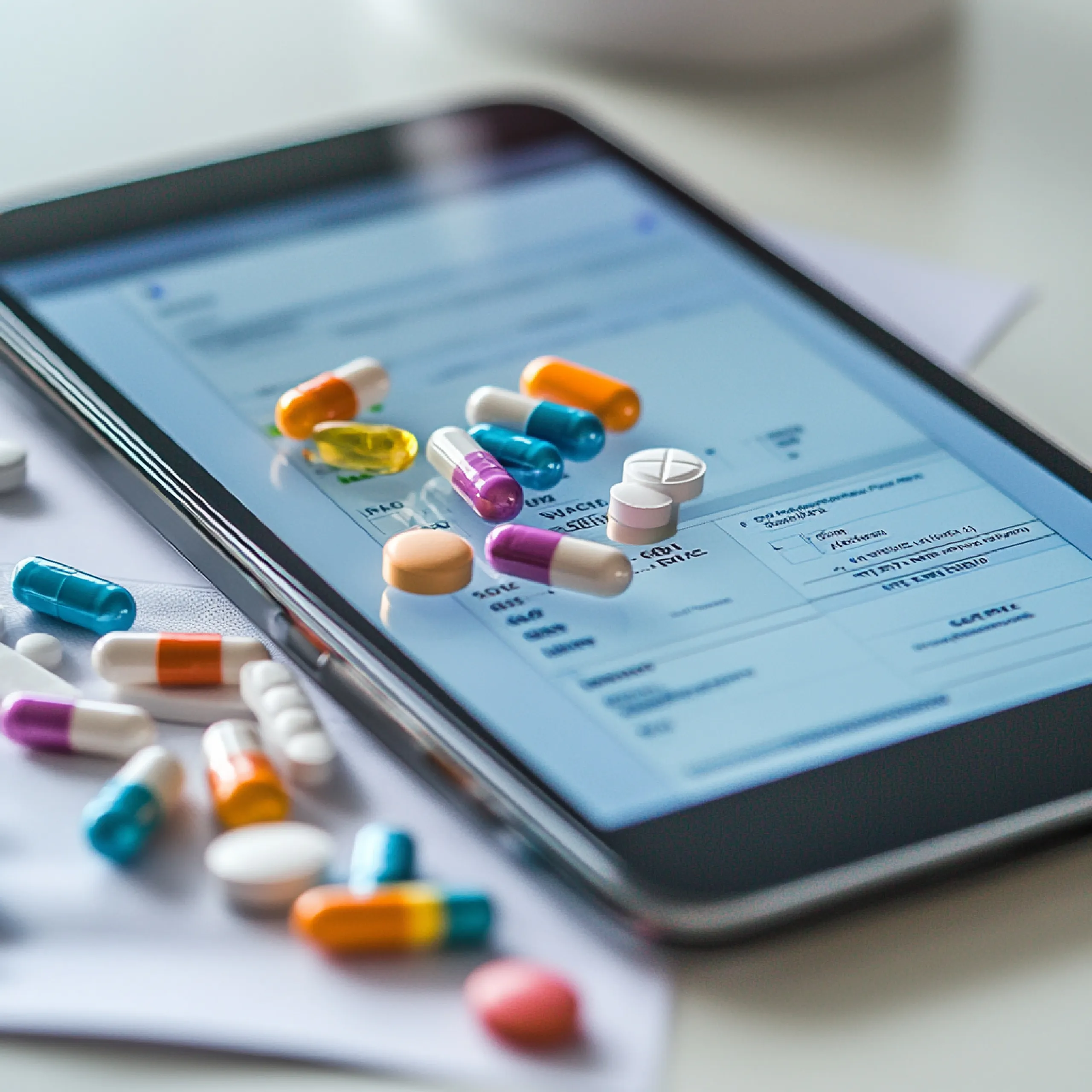 Various colorful capsules and pills resting on a digital tablet displaying entries from a medical Drug Database API.