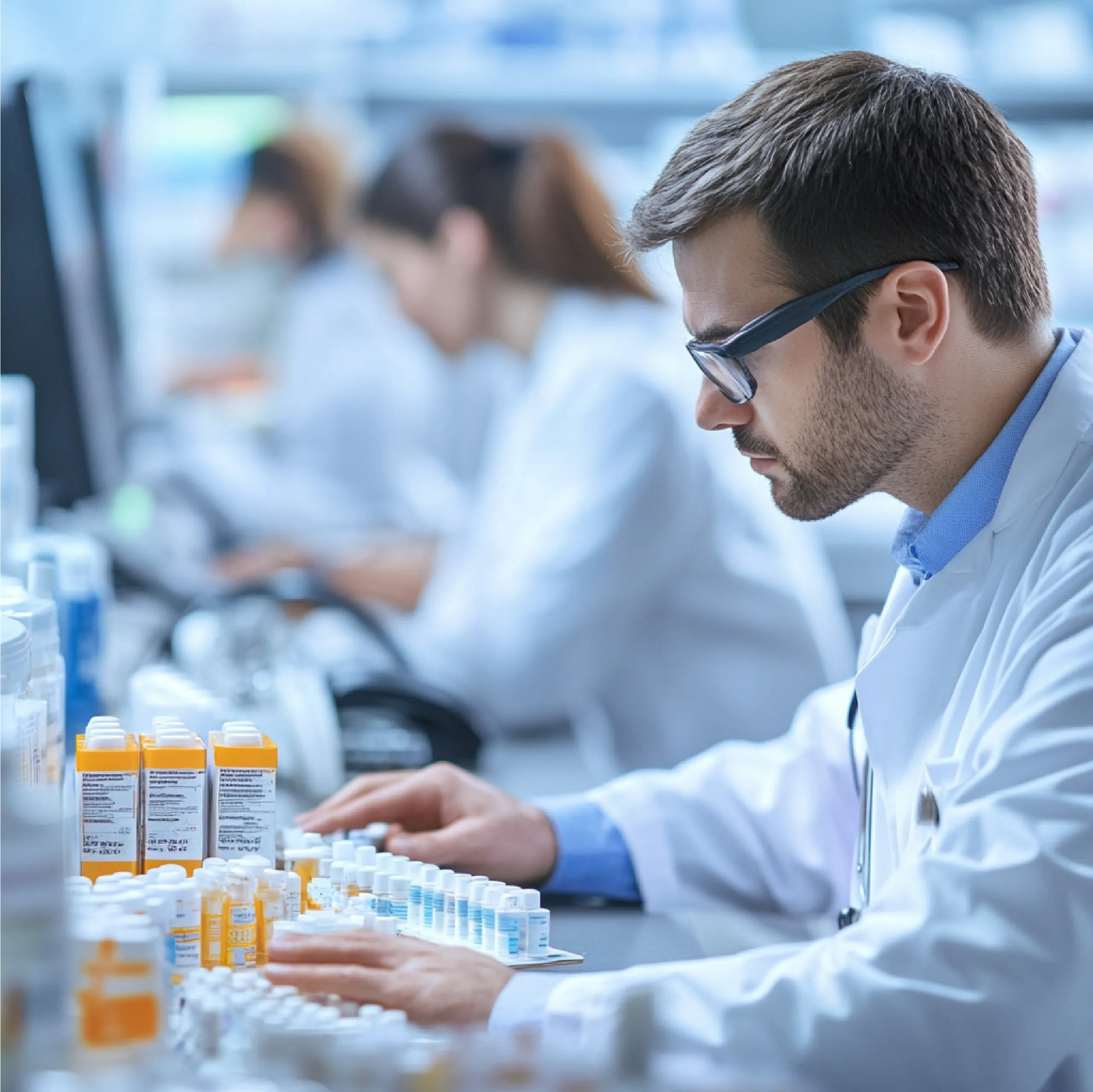 A laboratory researcher carefully evaluating rows of medical samples using advanced Drug Discovery Data.