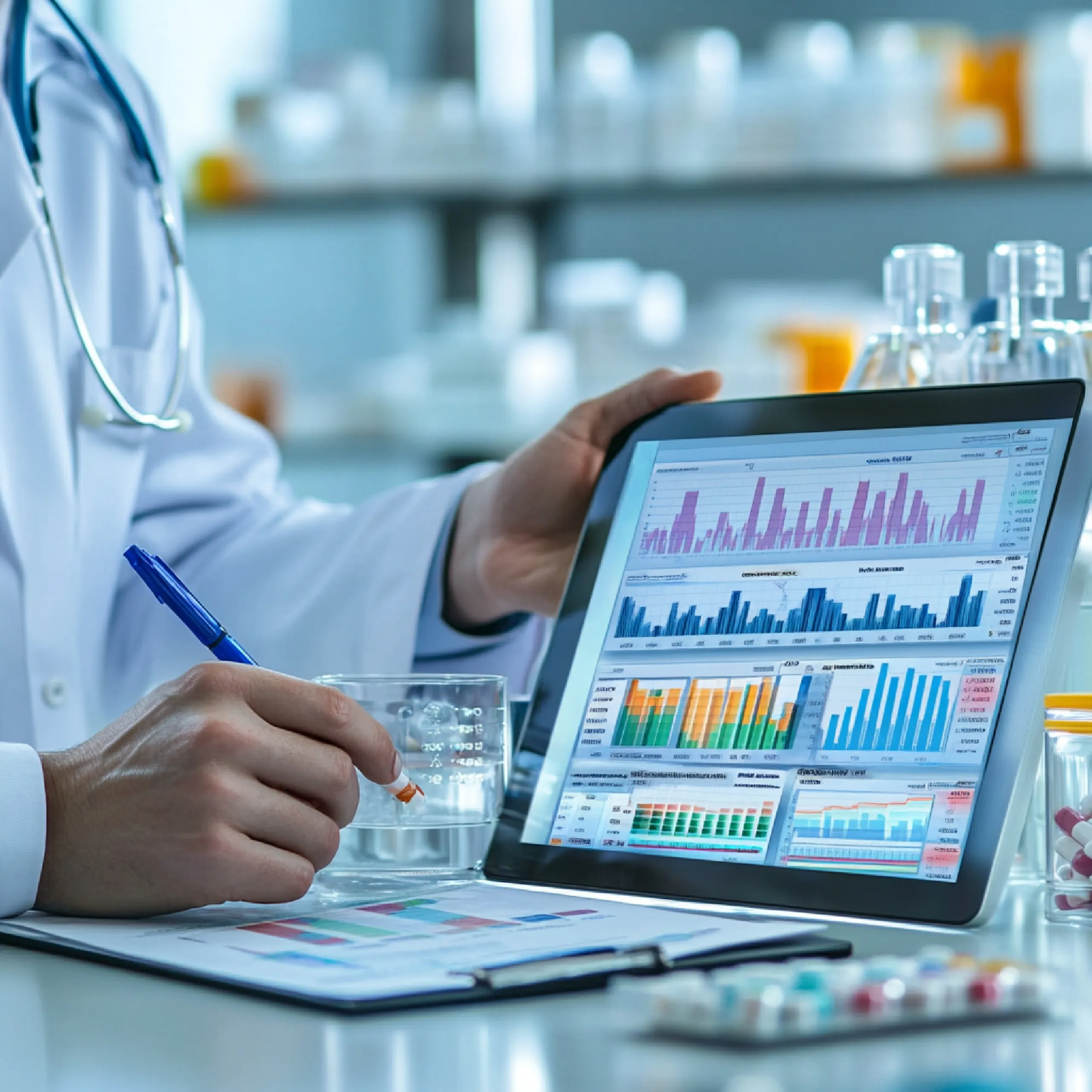 A medical professional analyzing multi-colored medication charts and analytical graphs on a digital tablet, conducting a detailed drug database comparison to optimize clinical workflows.