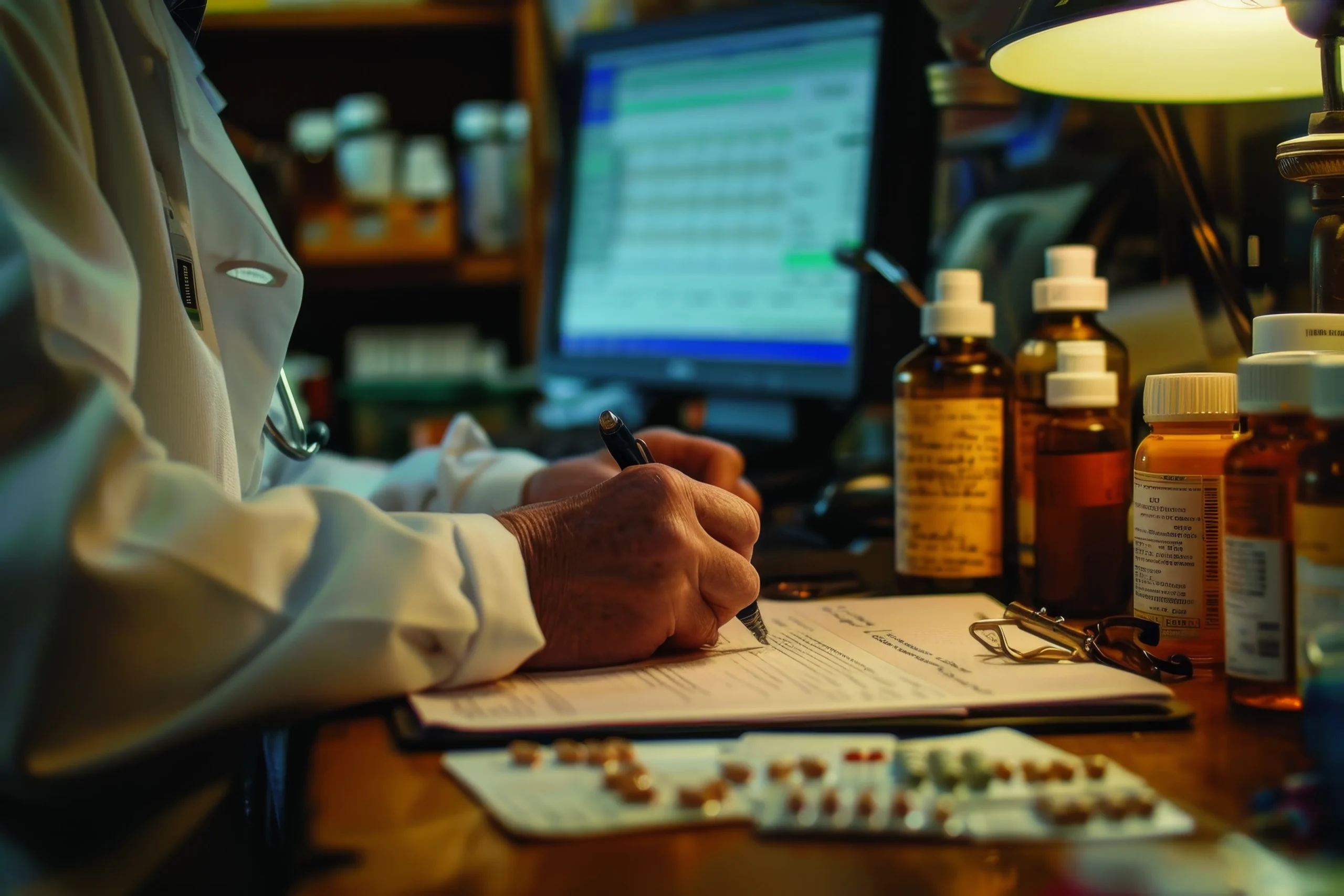 A doctor writing medical notes at a desk near medicine bottles and a monitor connected to a healthcare API integration.