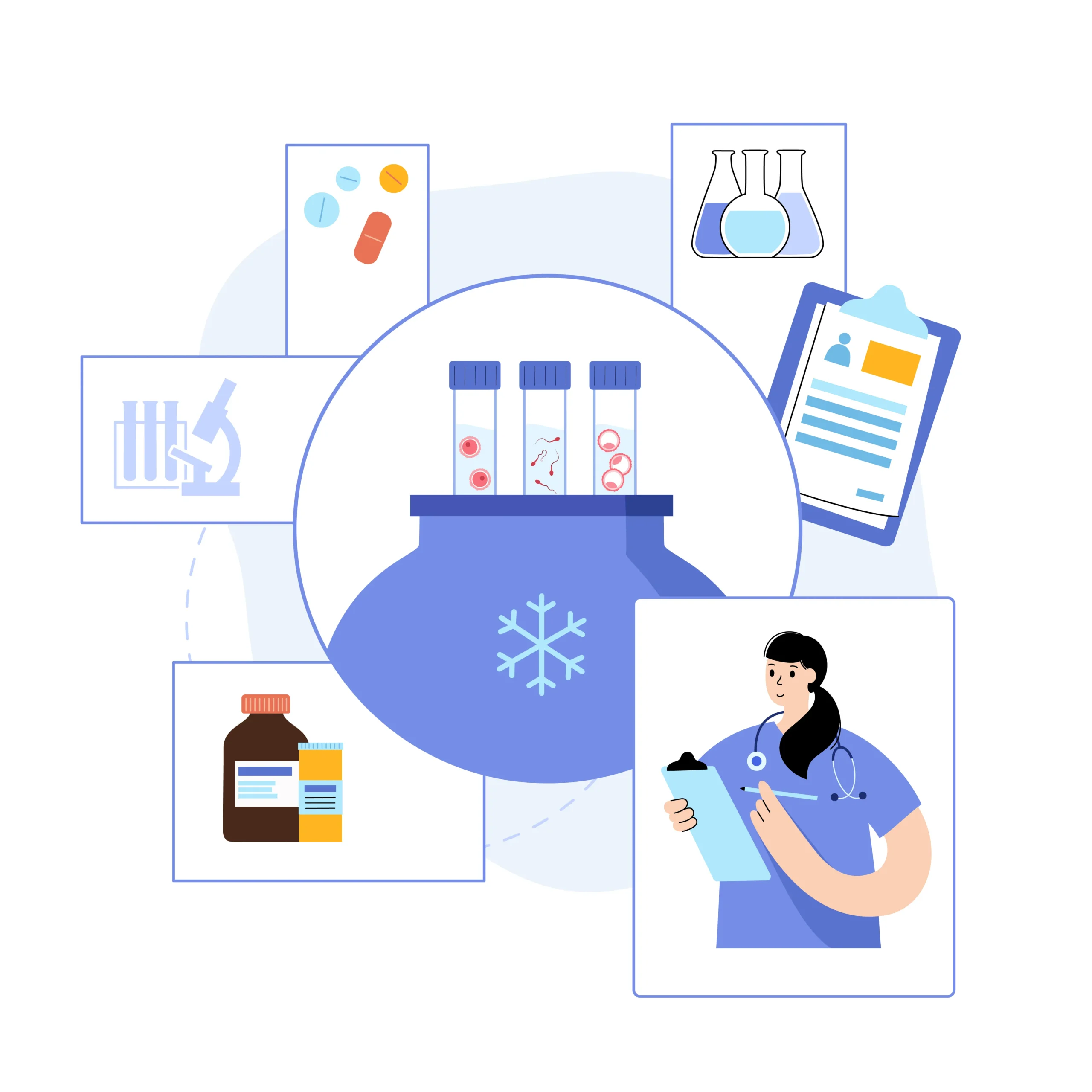 Medical vector graphic showing laboratory data and pharmaceuticals as a drug database alternative.