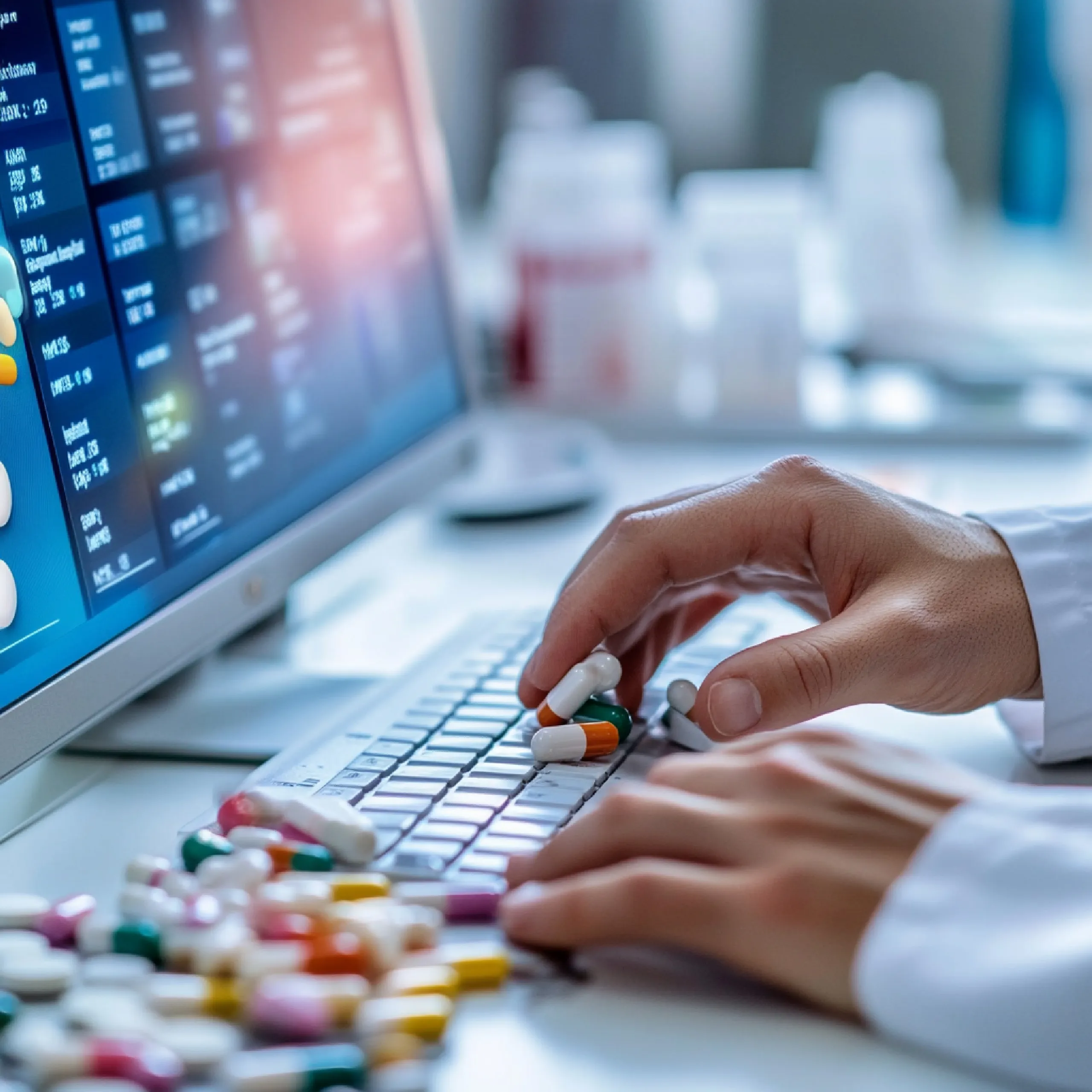 Hands typing on a keyboard surrounded by loose capsules while reviewing a Drug Data API interface.