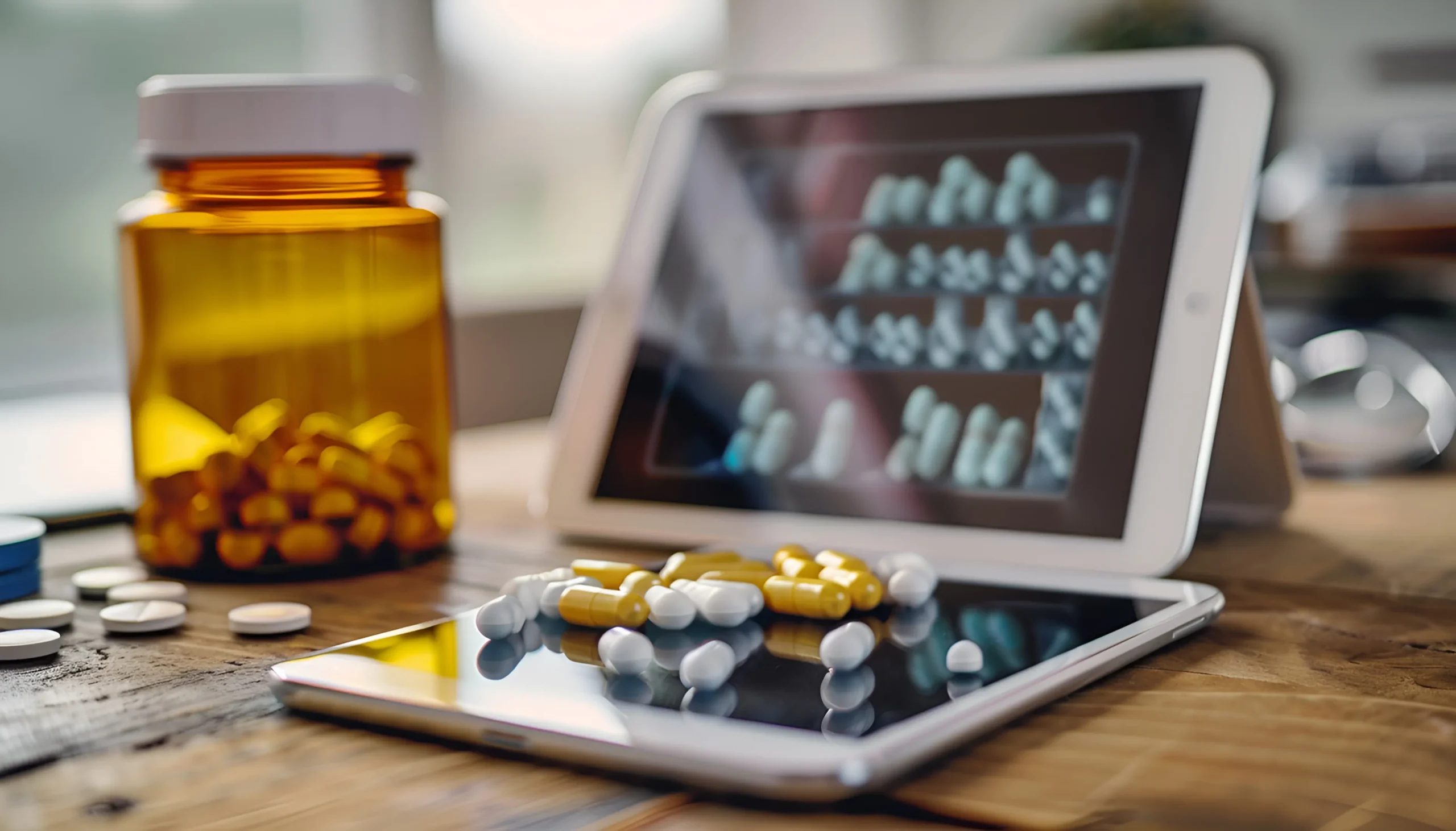 Digital tablet interfacing with a drug data API to process medication data and inventory.