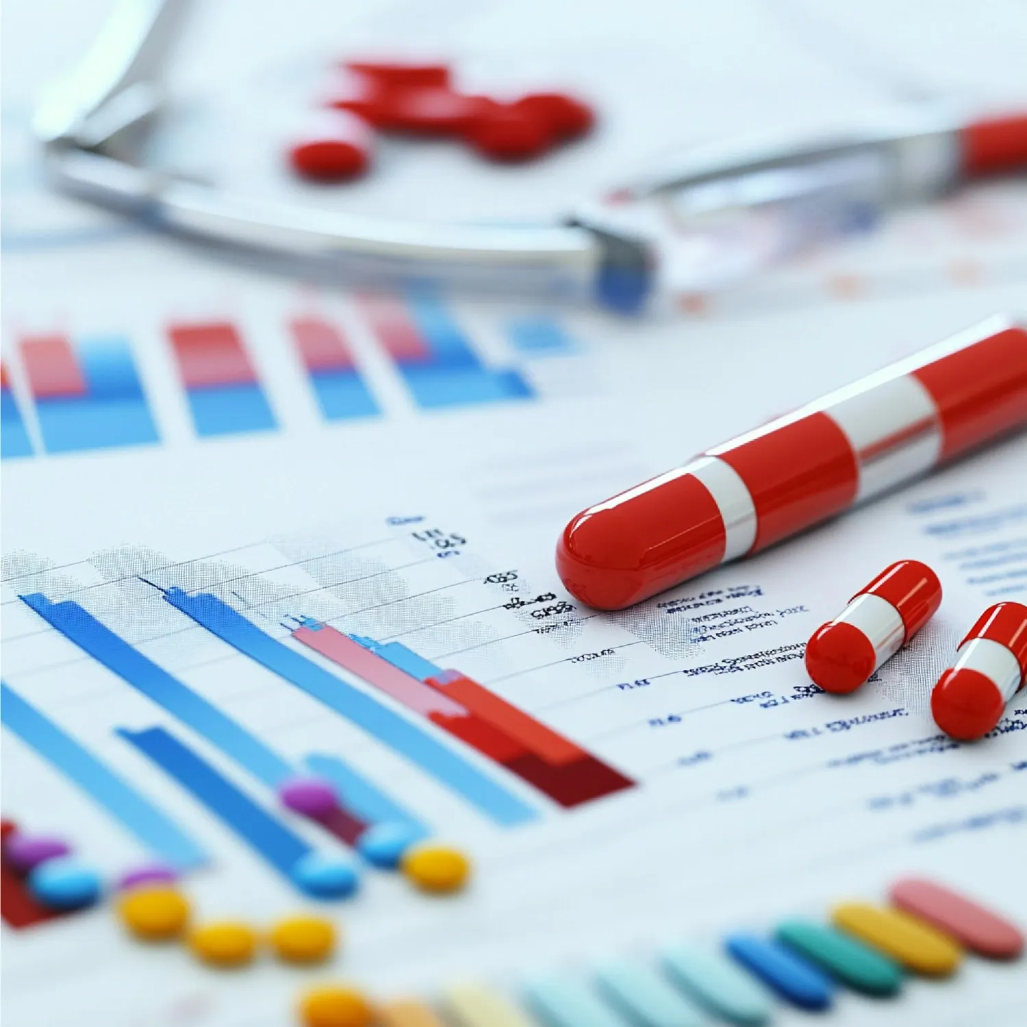Red and white capsule pills on data report charts representing pharmaceutical analytics from the best medication API.