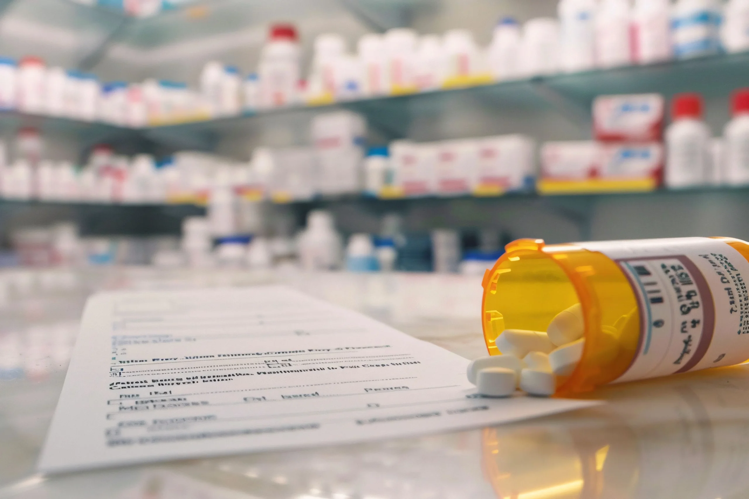 Prescription document and amber pill bottle on a pharmacy counter powered by a pharmaceutical data API.