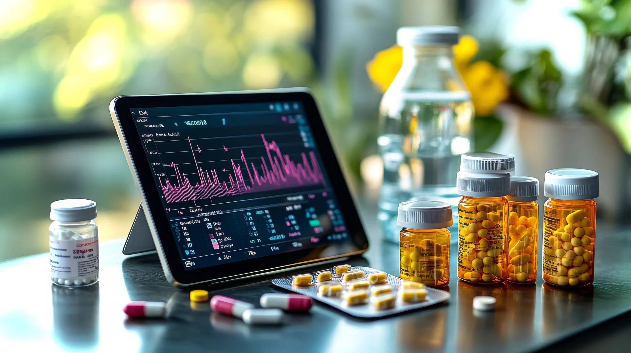 Tablet displaying real-time drug interaction and dosage metrics fed by a pharmaceutical database API.