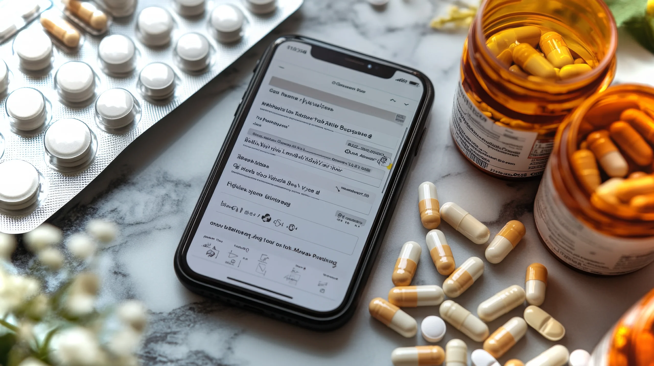 Smartphone displaying a mobile medication interface alongside prescription pill bottles powered by a drug data API.