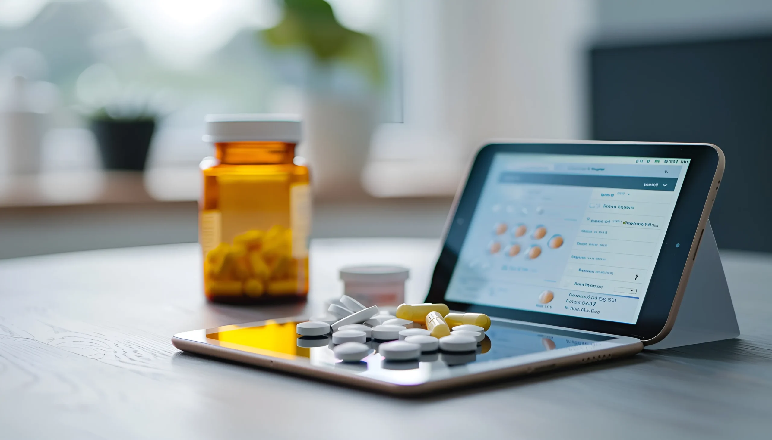 Digital tablet displaying active ingredient profiles and dosage guidelines synchronized by a drug information API.