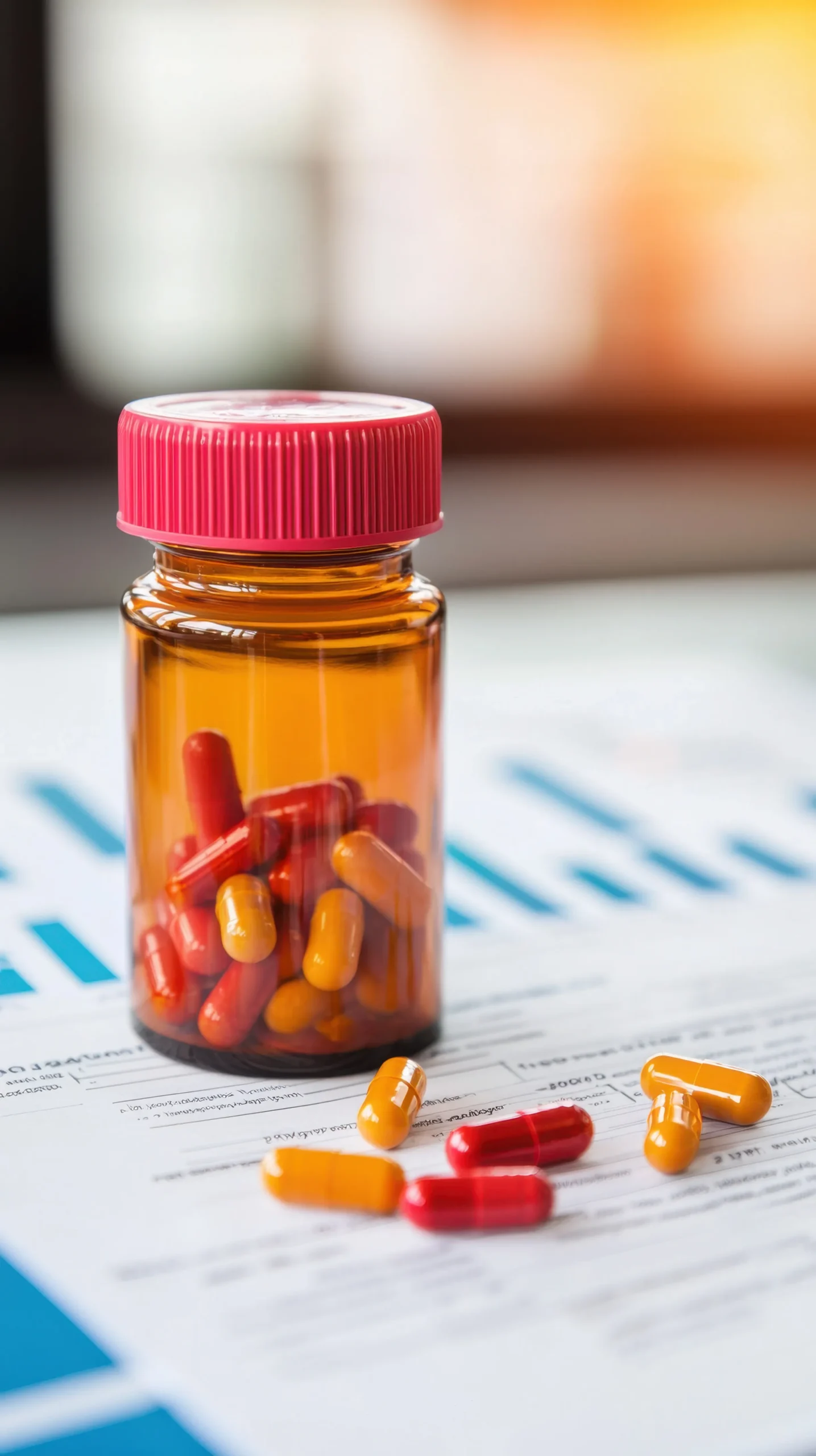Amber glass medicine bottle filled with capsules on top of data charts synced to a pharmaceutical database API.
