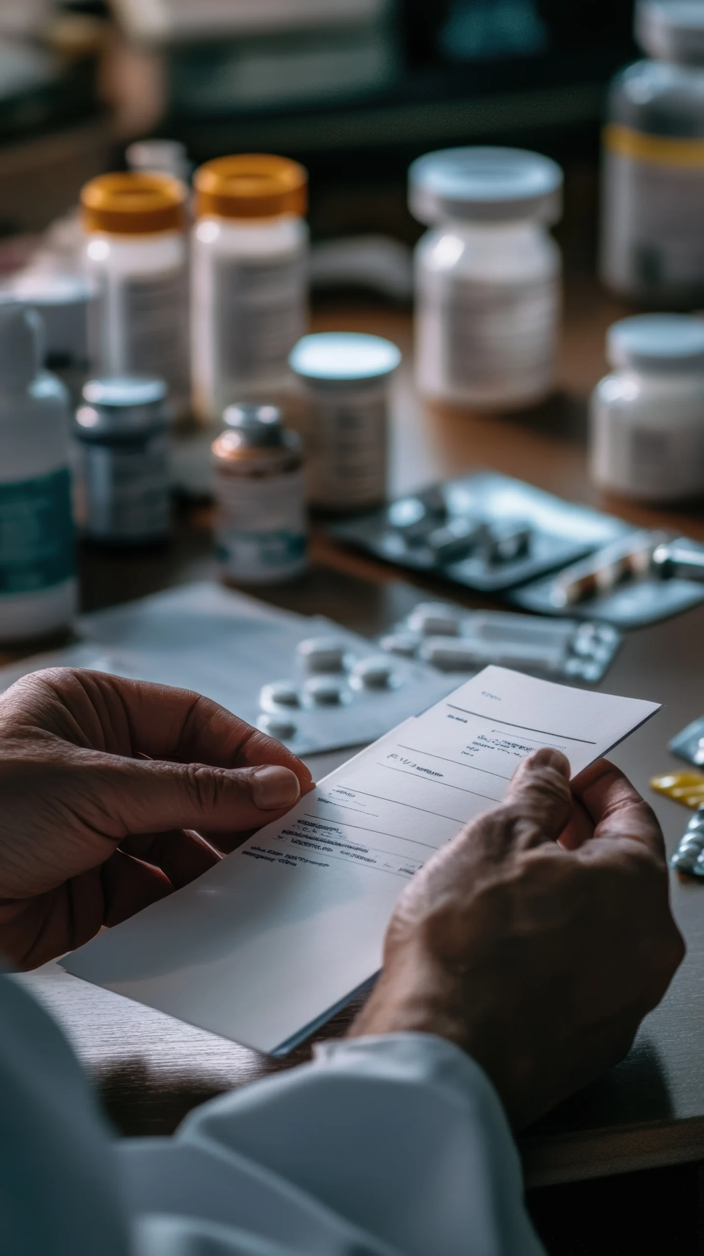 Pharmacist reviewing printed prescription details connected to a clinical drug database API.