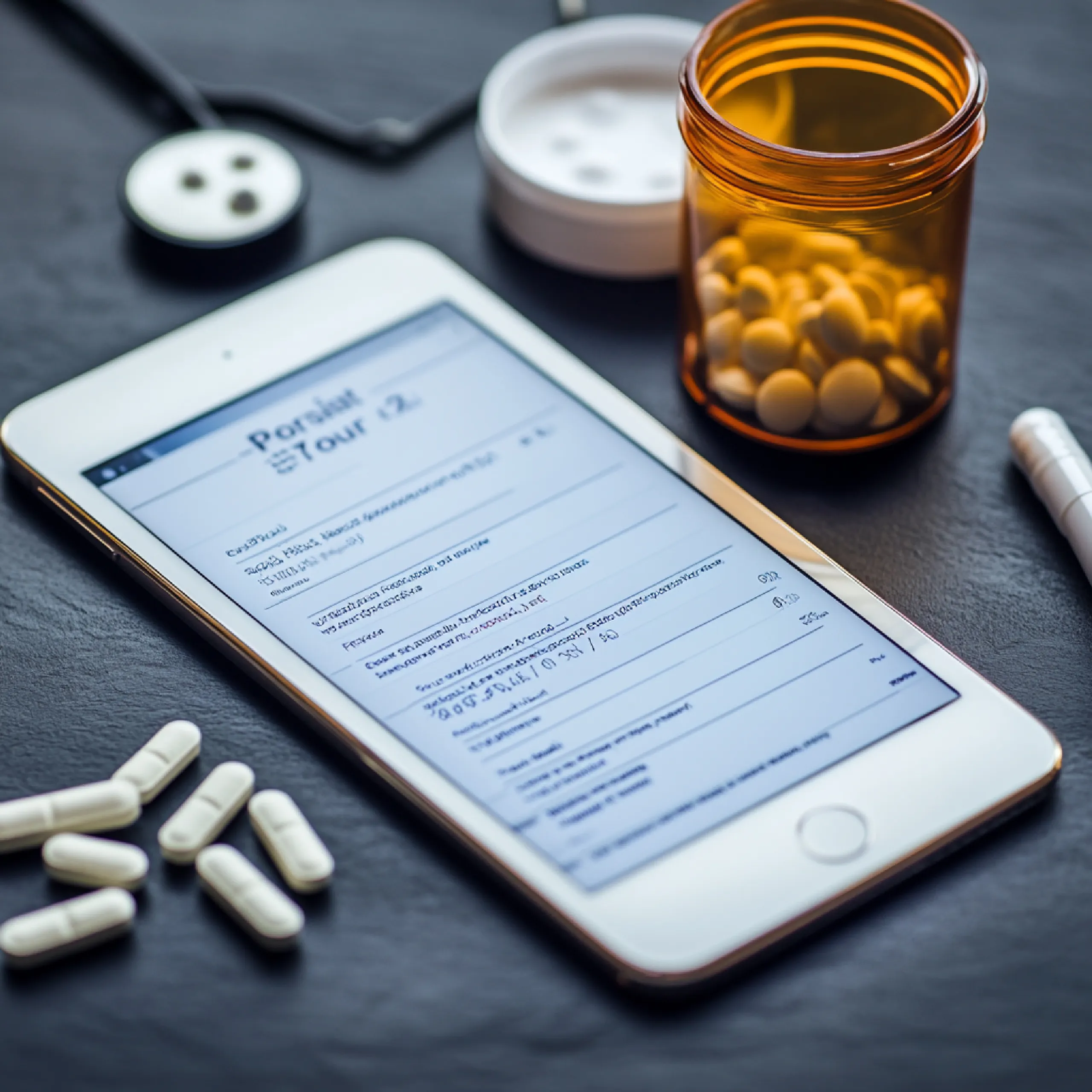 Digital prescription instructions and drug safety warnings on a mobile screen retrieved from Drug Data APIs.